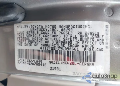 2000 Toyota Camry Xle V6 z USA, uszkodzony, nr VIN 4T1BF28K7YU090661